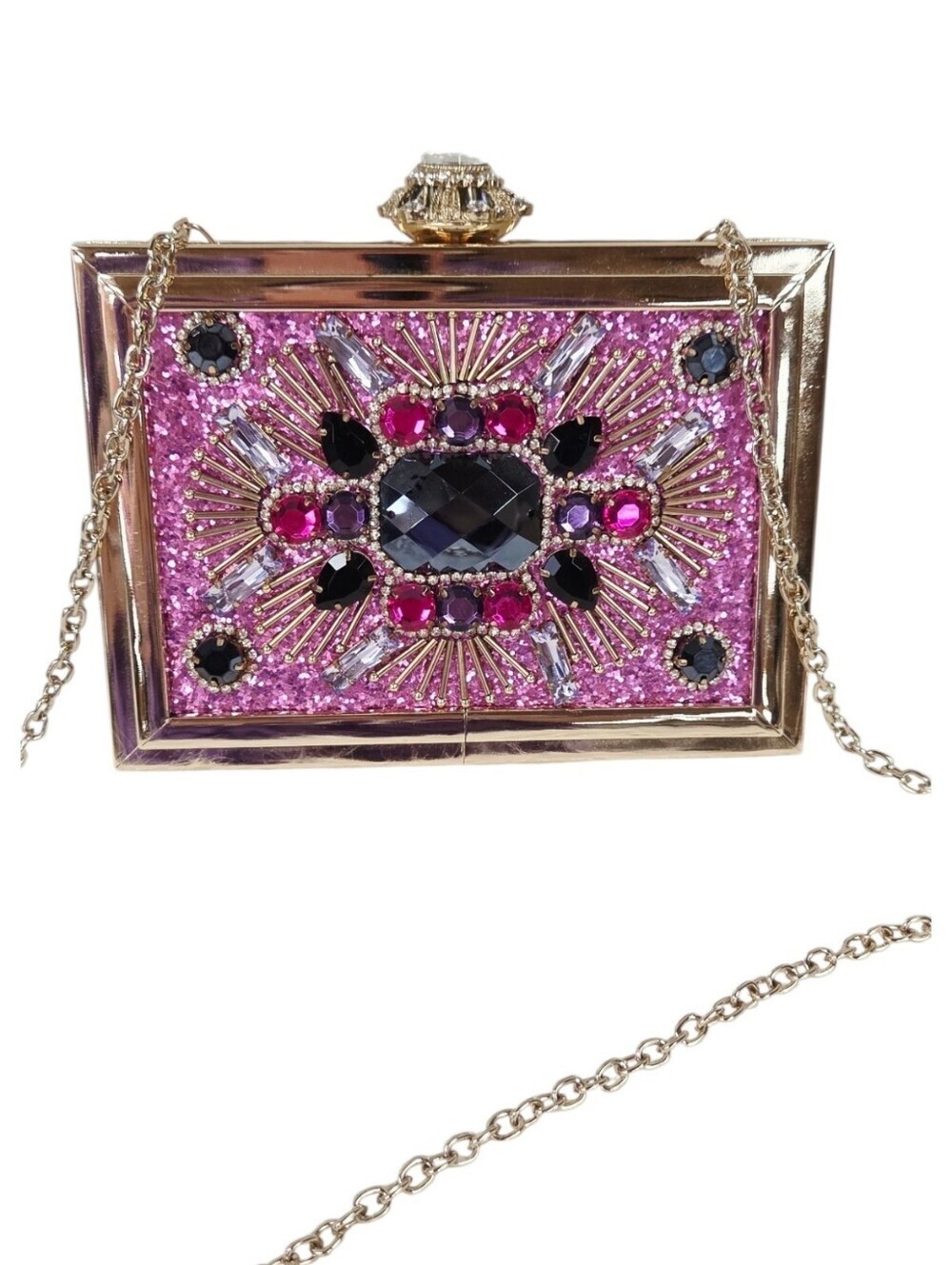 Aldo Embellished Pink Crystal Box Clutch with Gold Chain